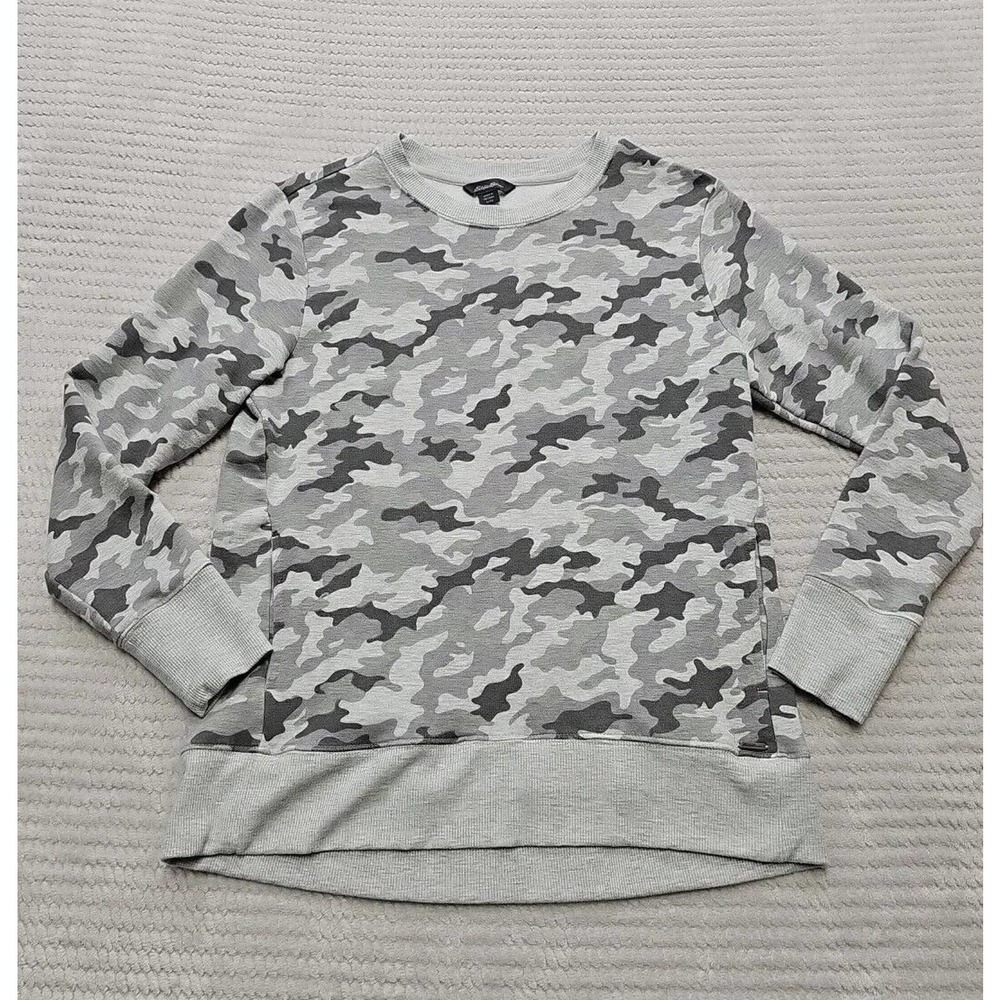 Eddie Bauer Sweatshirt Womens Small Gray Camo Pull Over Crew Neck Pockets